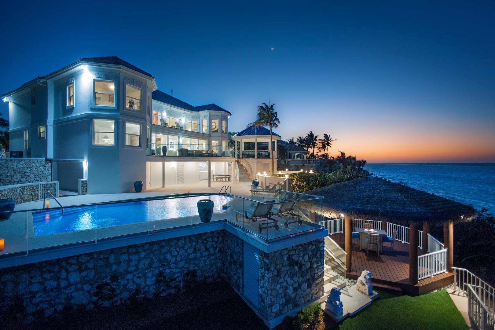 Exterior of Great Bluff Estates at dusk.