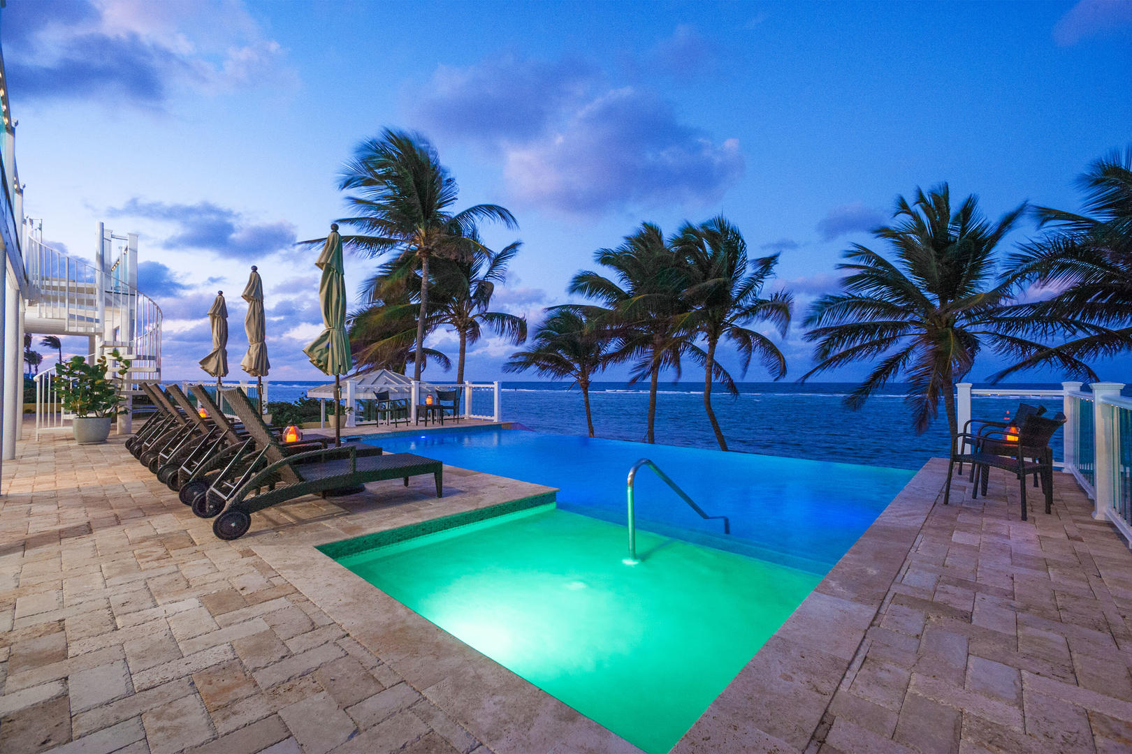 Pool deck at dusk.
