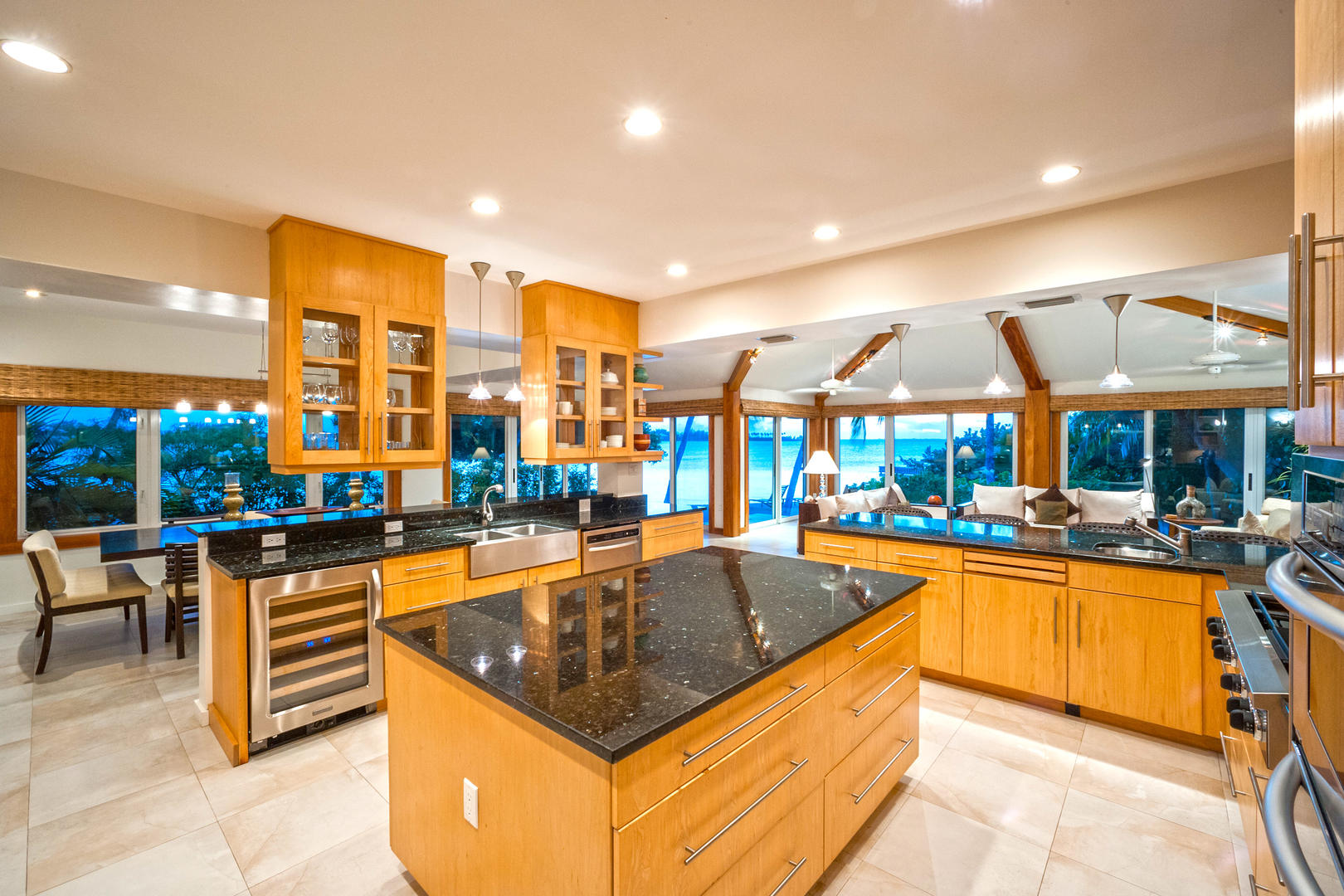 A vacationing chef's dream kitchen with top of the line appliances and views of the beach.