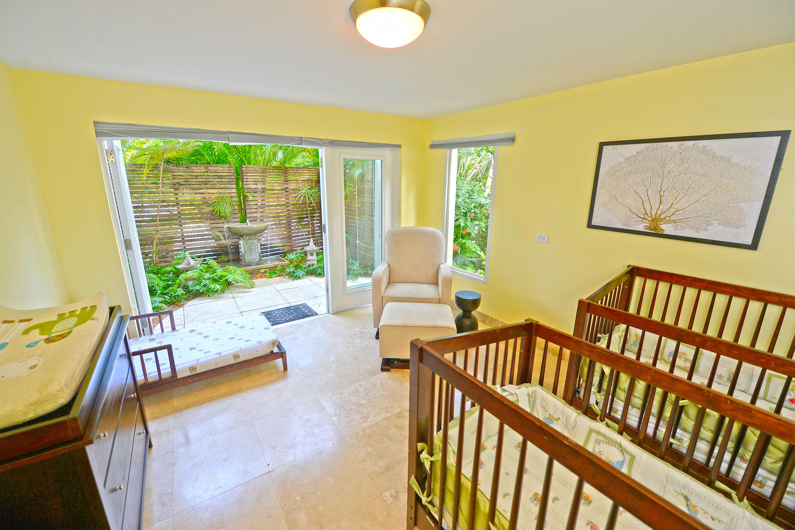 Peaceful nursery with outdoor zen garden.