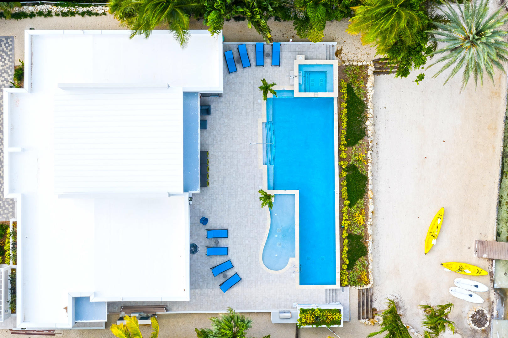 Overhead aerial of the villa and pool deck.