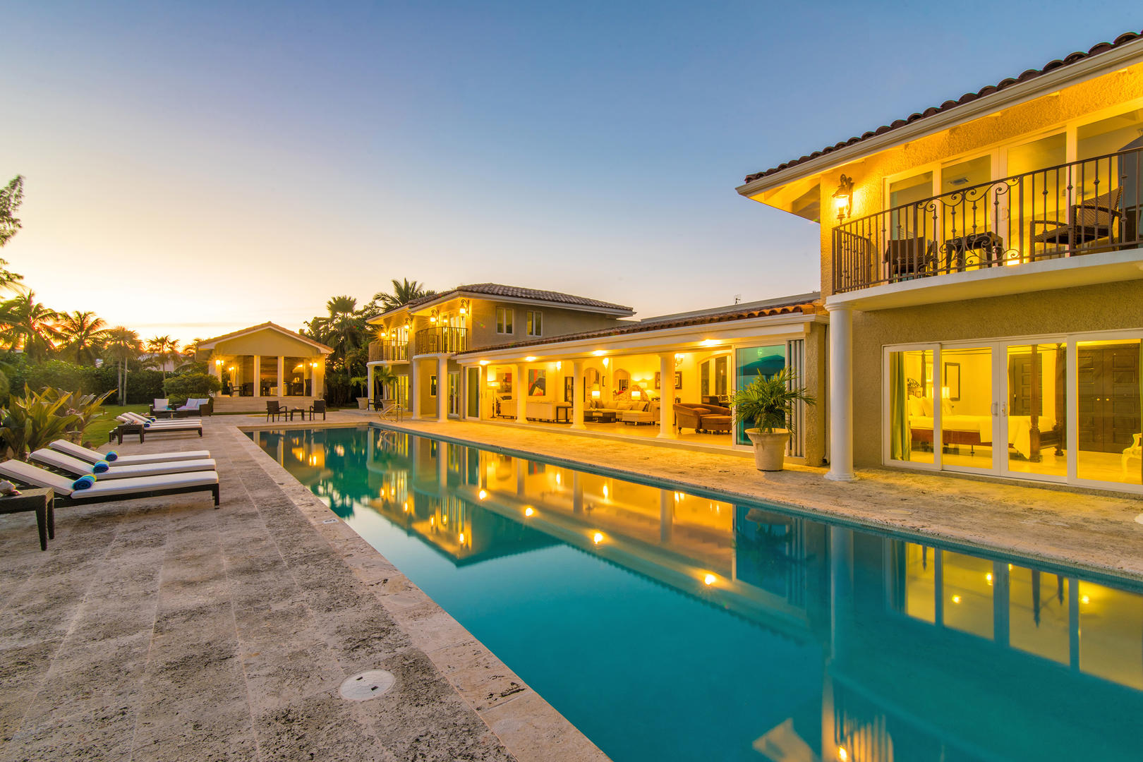 Pool deck at dusk.