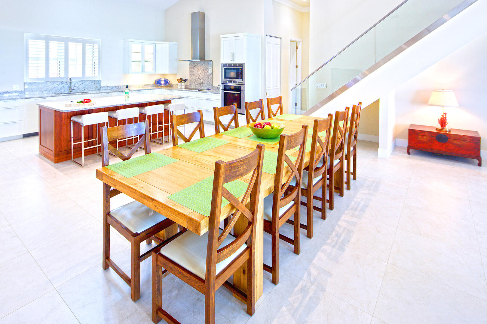Dining table off the kitchen with seating for 10.