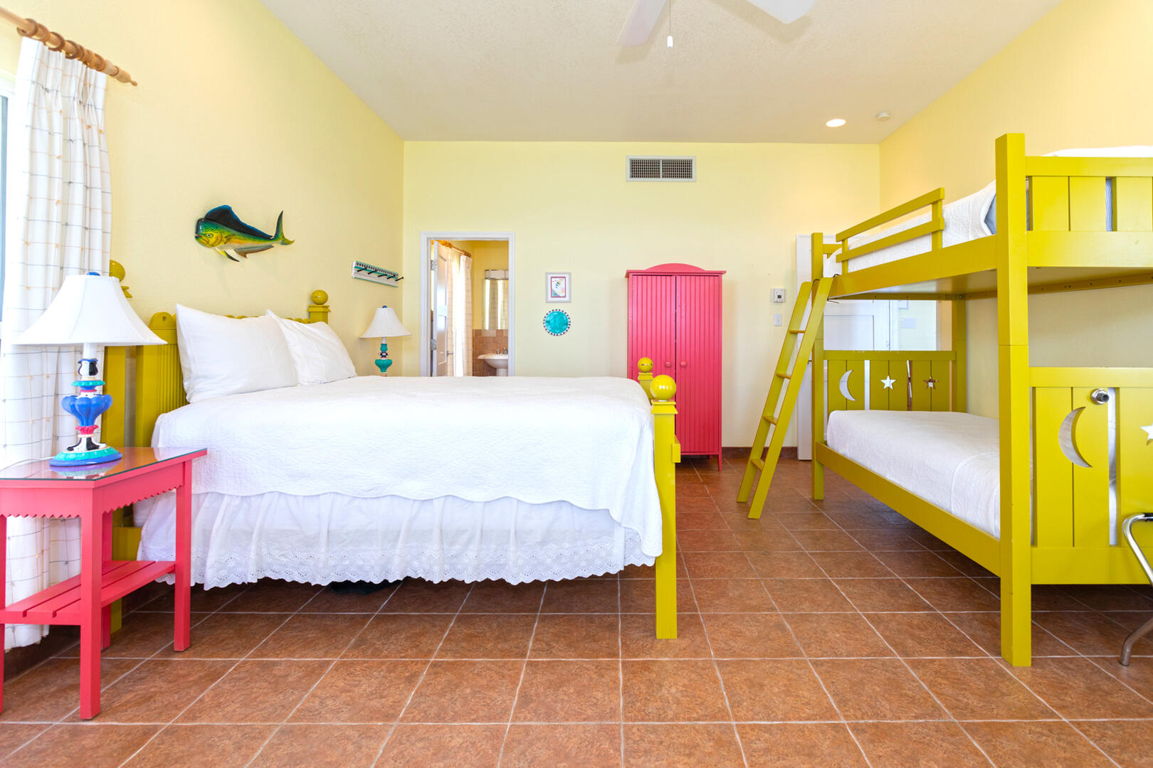Queen guest suite with a twin set of bunks. 