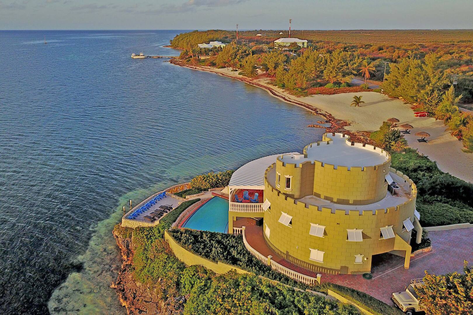 Aerial view of the Castle and private beach lot. 