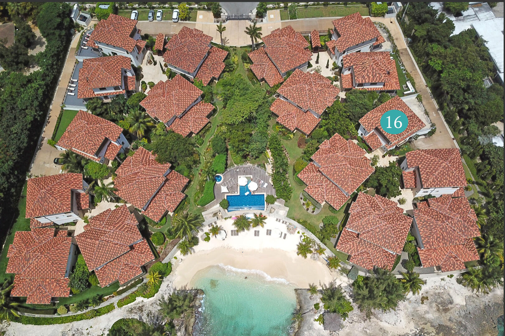Villa #16 is located in the center right of the resort. 