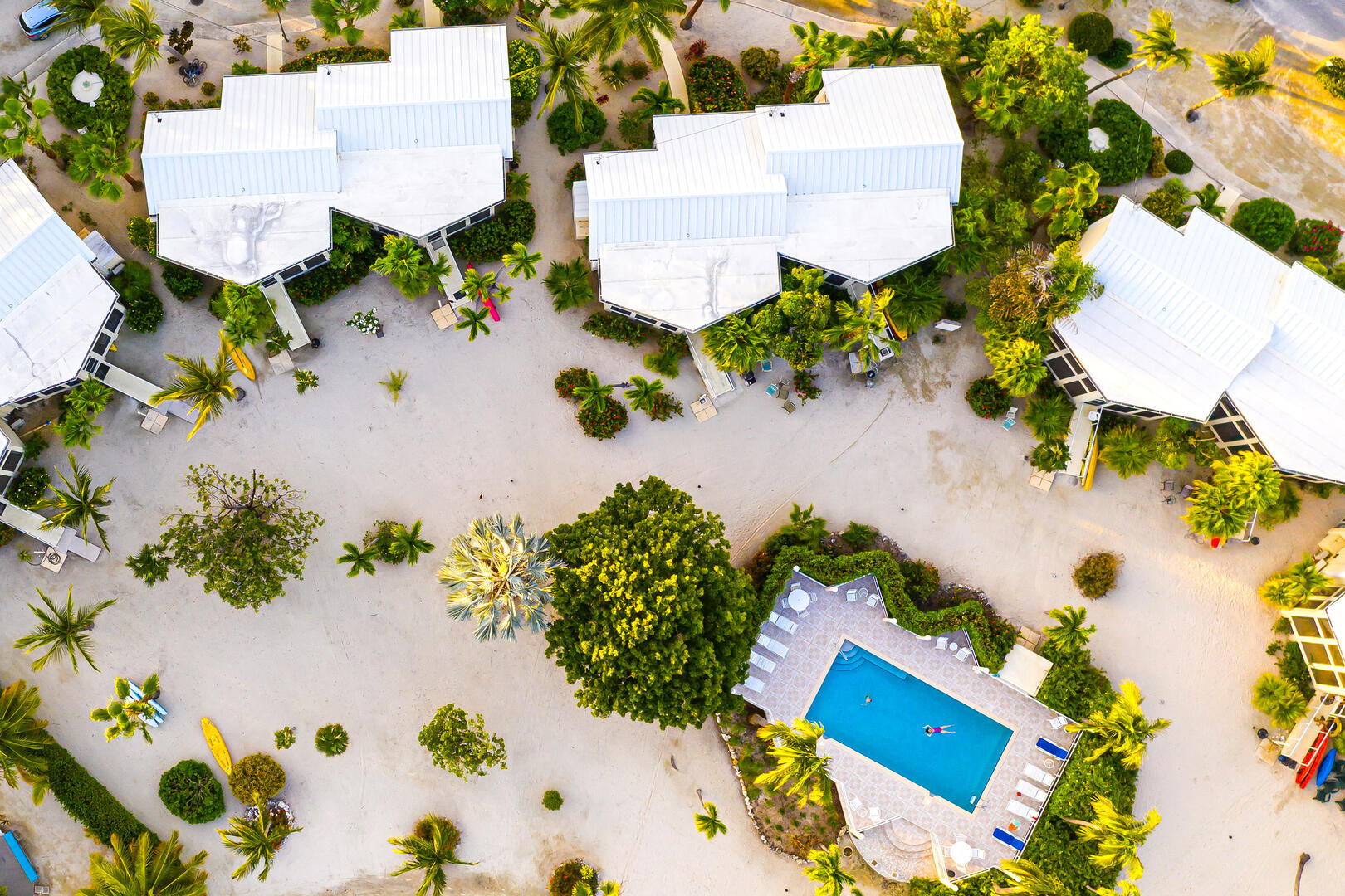 Aerial view of the pool deck. Sweetie Kai is a short walk from the pool. 