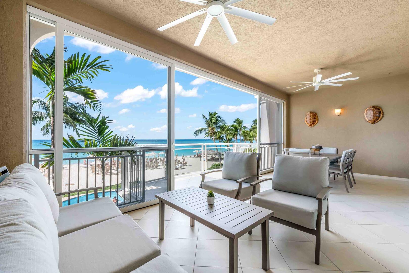 Furnished ocean balcony. 