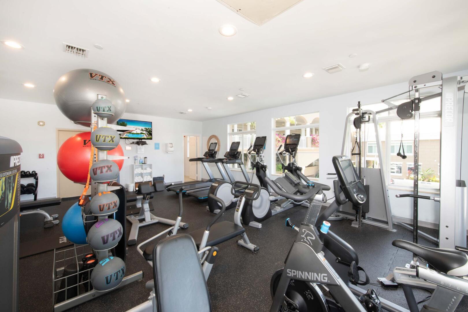 Our on-site fitness center is equipped with cardio and strength training machines. 