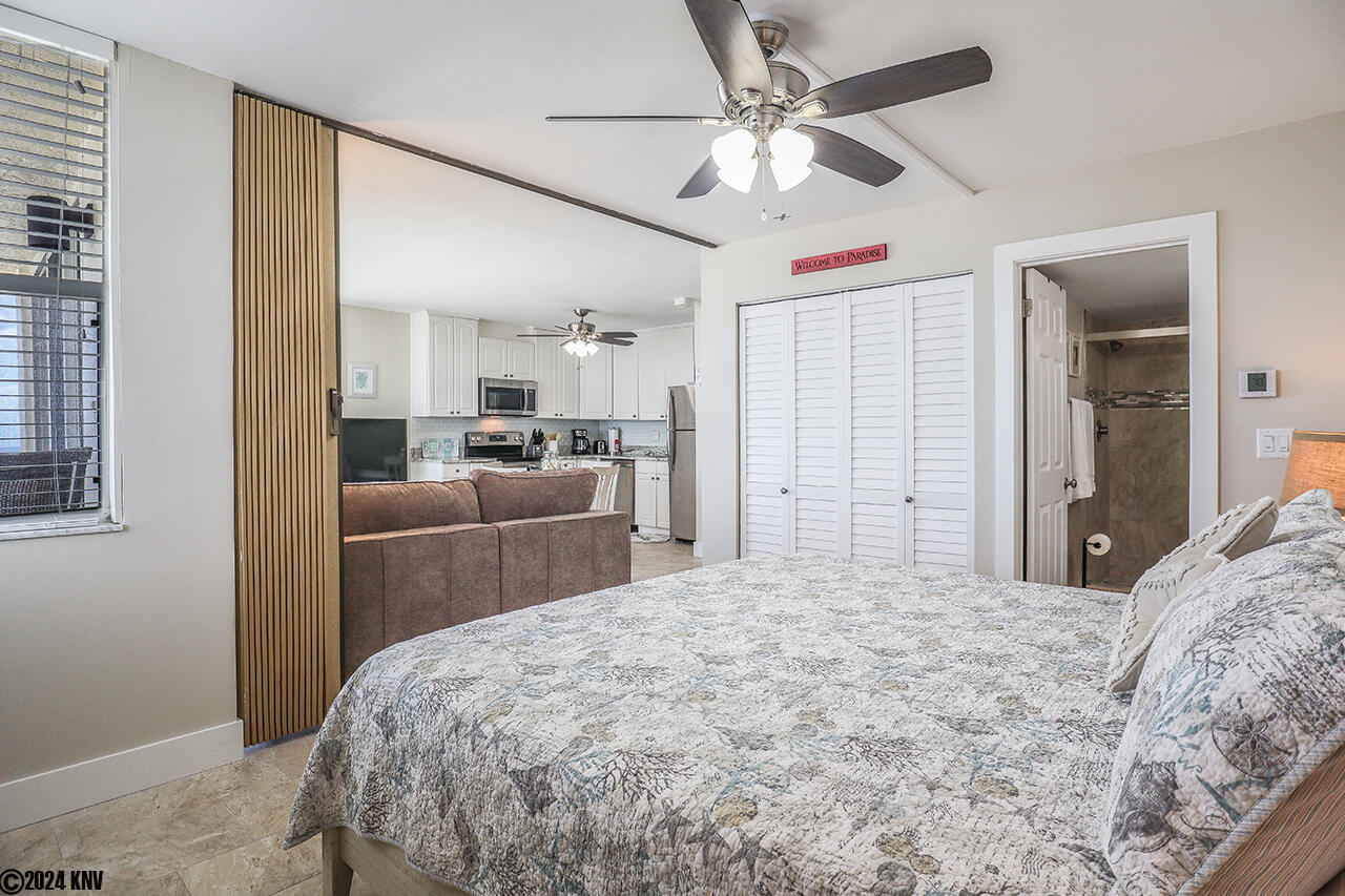 Bedroom has a room divider