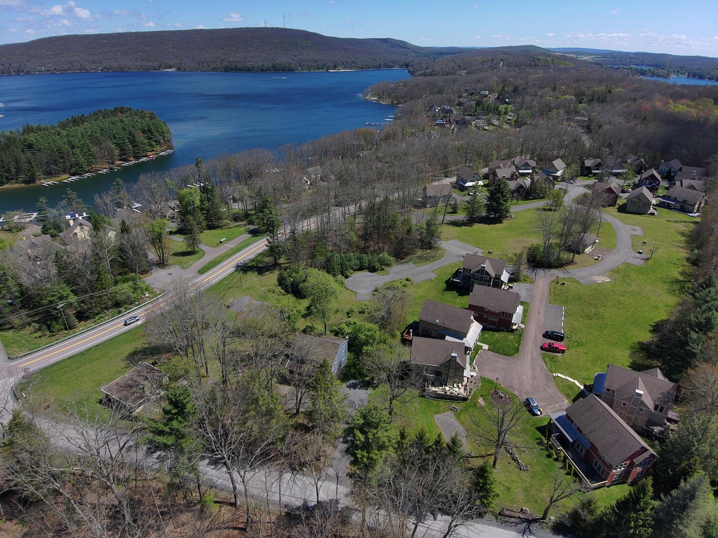 aerial of lake from over home