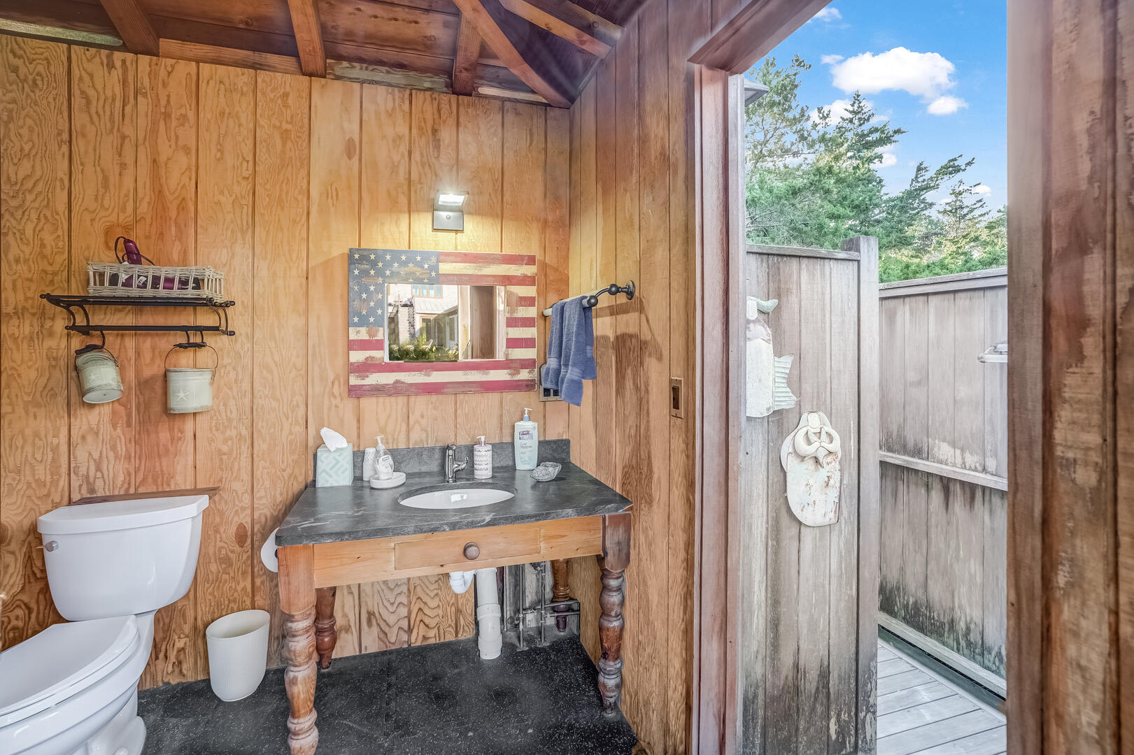 Powder Room with Enclosed Outdoor Shower, Pool House